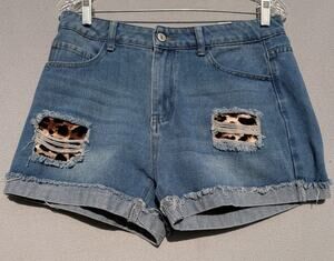 Women’s Distressed Denim Shorts Leopard Print Patch Cuffed Raw Hem Blue Jean Lg